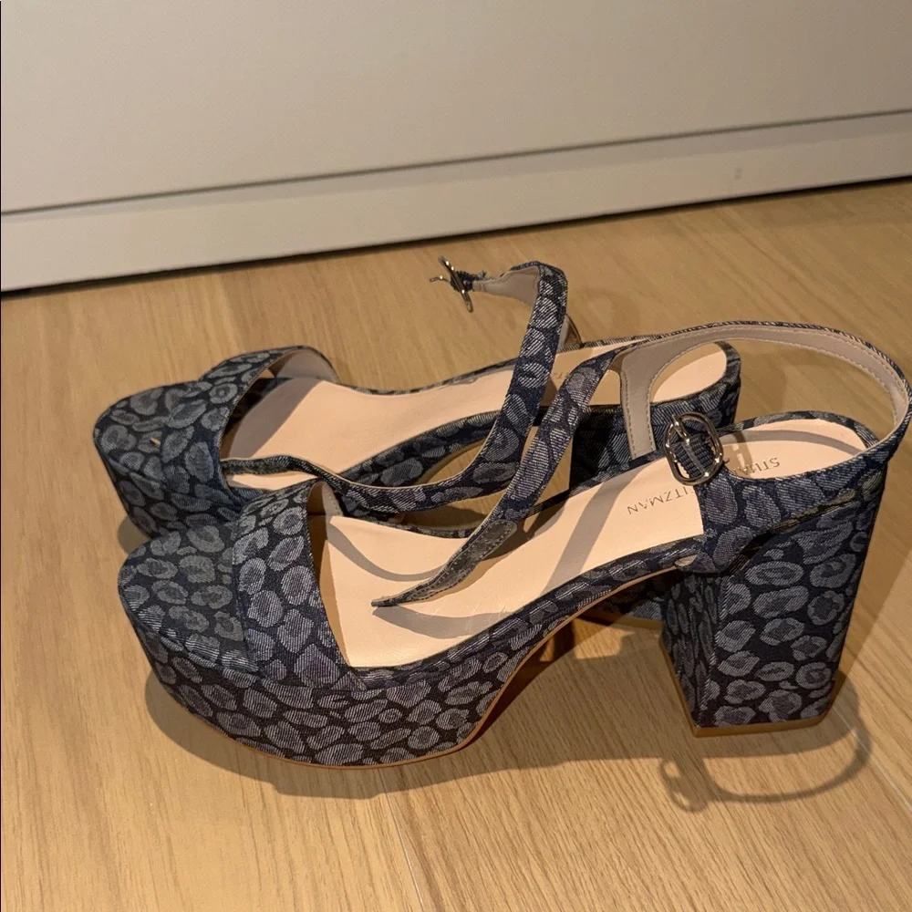 Stuart Weitzman‎ Leopard Print Denim Platform Block Heel Sandals Size 9